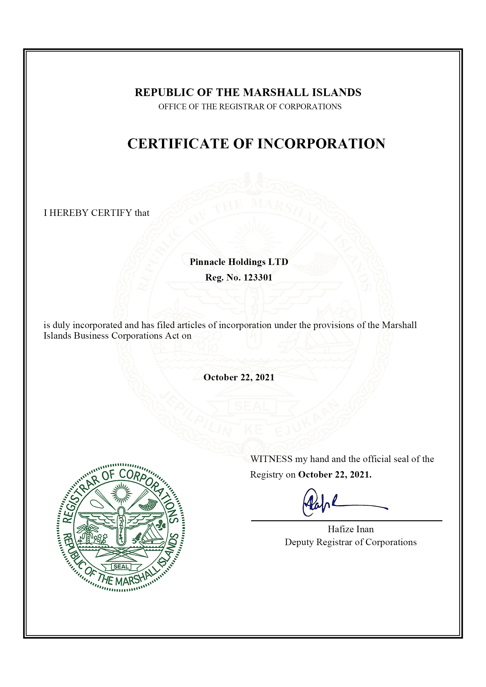 Certificate incorporation